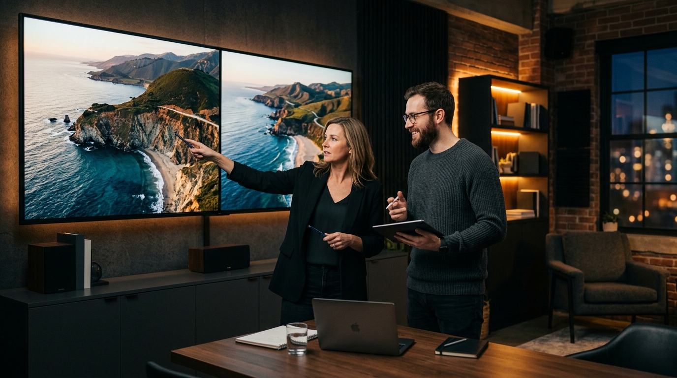 Reviewing cinematic drone videography services footage on a professional display