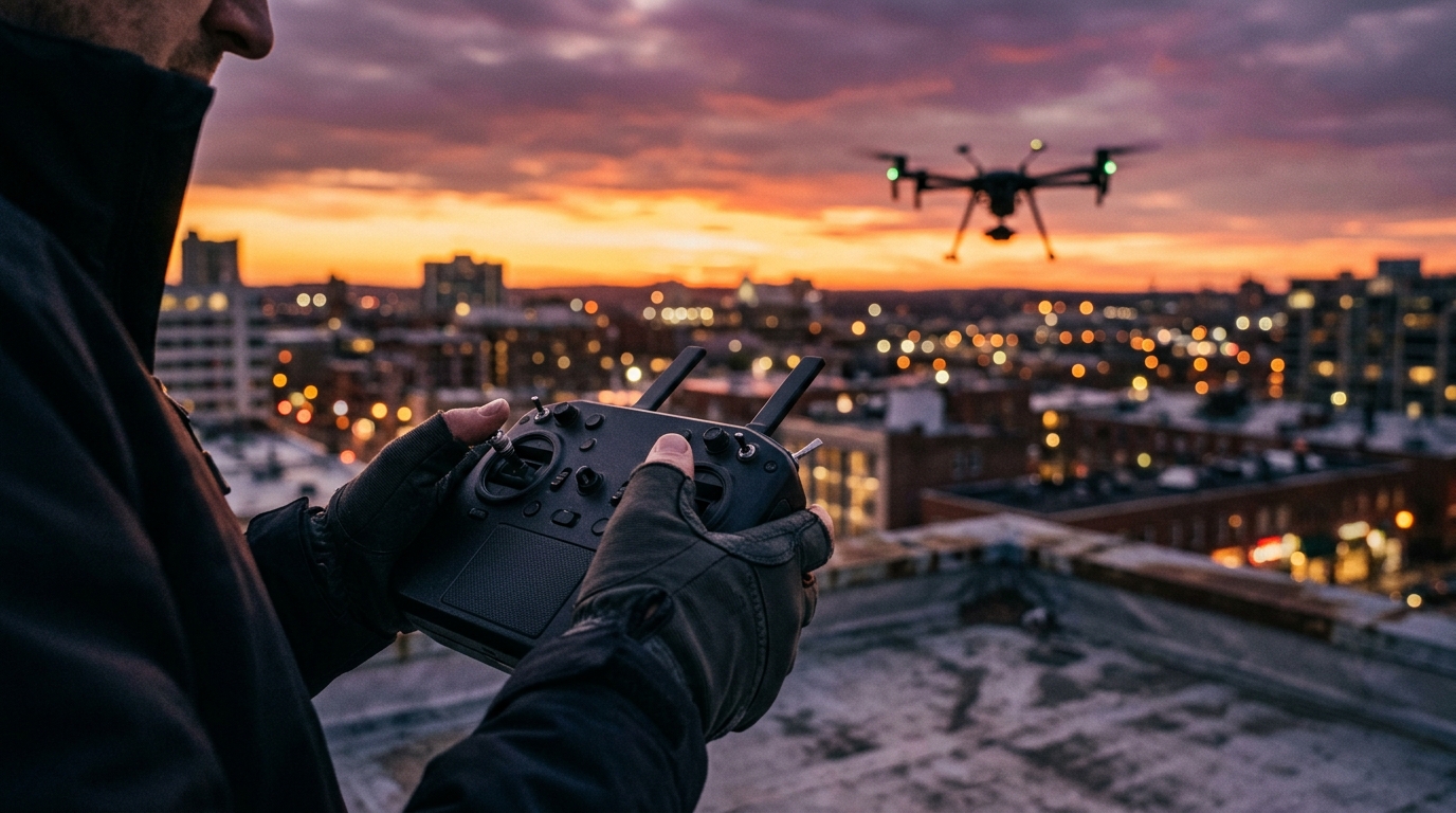 Professional drone videography services operator at sunset with commercial drone equipment