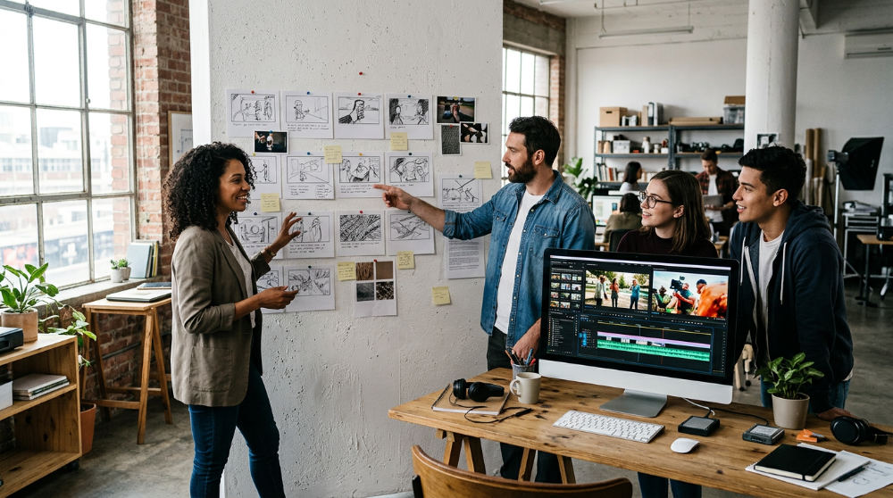 Creative team planning a video production project with a twist