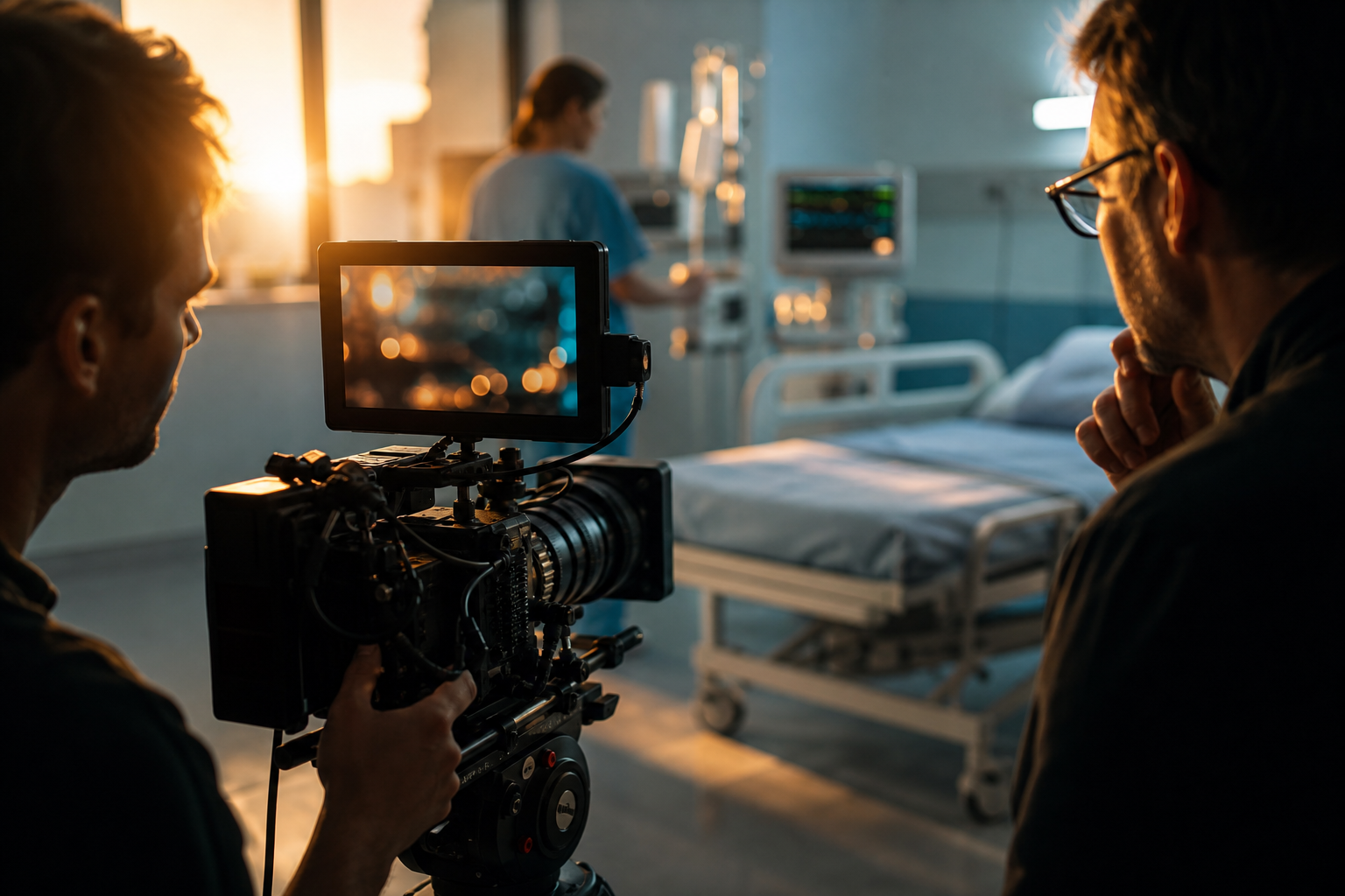 Behind-the-scenes of a medical video production company filming in a modern hospital setting with professional cinema equipment and cinematic lighting - Pretzel Logic Productions