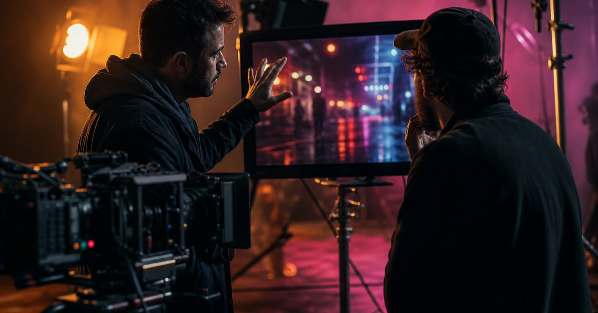 Pre-production planning video preparation on a cinematic film set with director and cinematographer reviewing shot plans — Pretzel Logic Productions