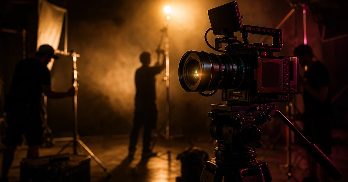 Cinematic behind-the-scenes video production set with RED camera on tripod and crew silhouettes — how much does video production cost depends on crew, equipment, and production scale, Pretzel Logic Productions