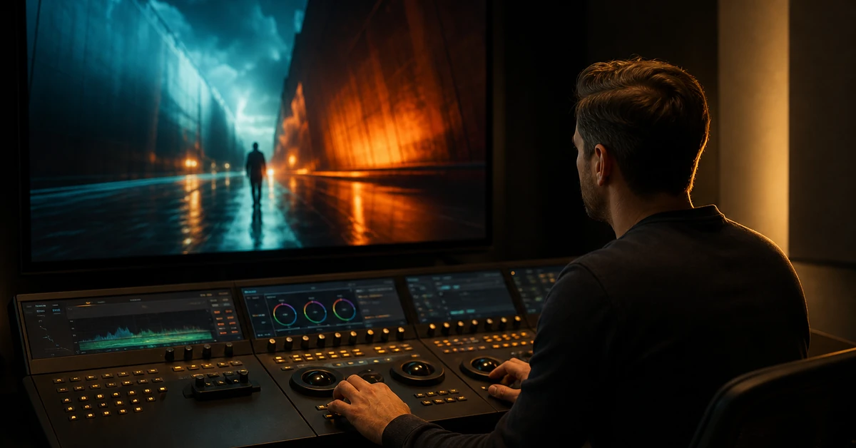 Professional colorist at DaVinci Resolve grading console - color grading and correction services by Pretzel Logic Productions
