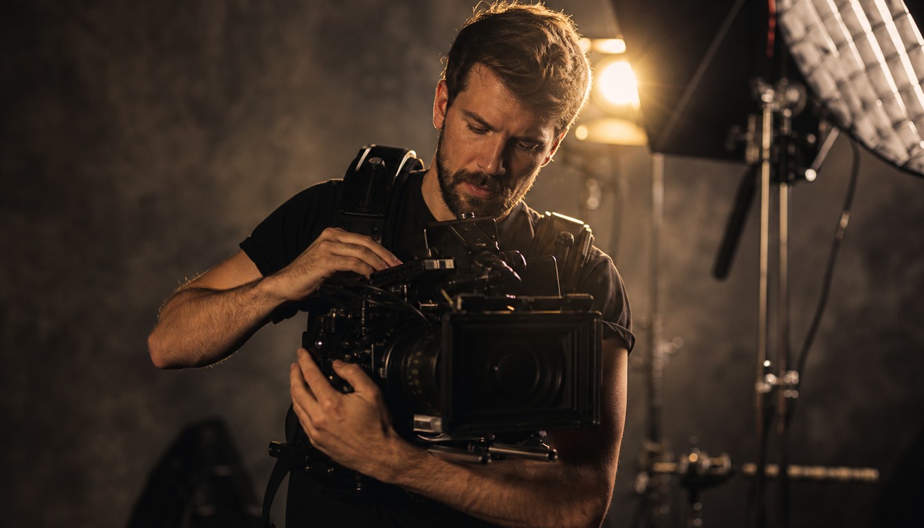 Commercial video production company cinematographer adjusting cinema camera on set with dramatic amber lighting — Pretzel Logic Productions