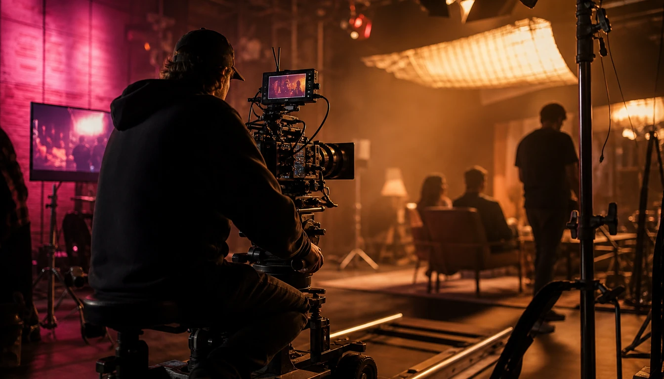 tv commercial video production cinematic behind-the-scenes production set with camera operator and amber lighting by Pretzel Logic Productions