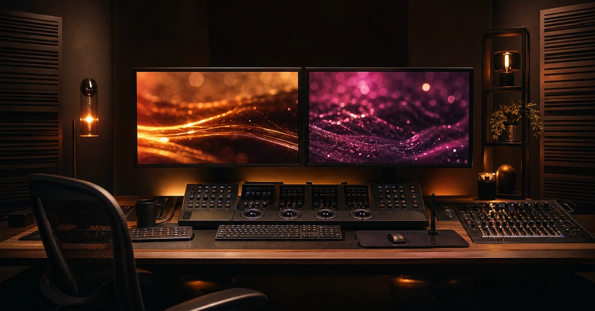 Post production software editing suite with cinematic color grading monitors - Pretzel Logic Productions