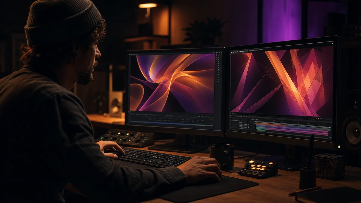 Motion design agency workspace with dual-monitor editing station — Pretzel Logic Productions