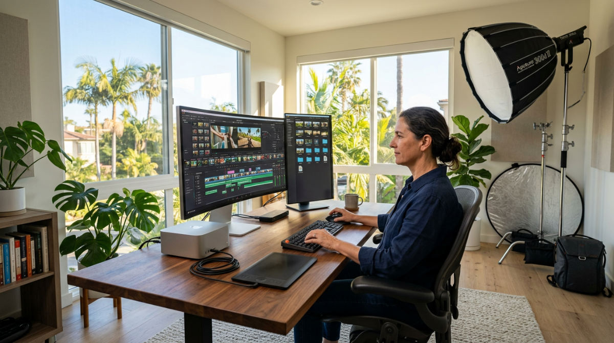 A professional desk setup featuring good video editing software that is free for creating high-quality content.