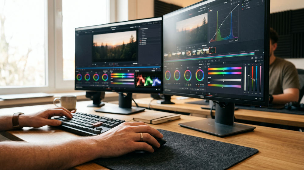 Close up of color grading process using video editing software.