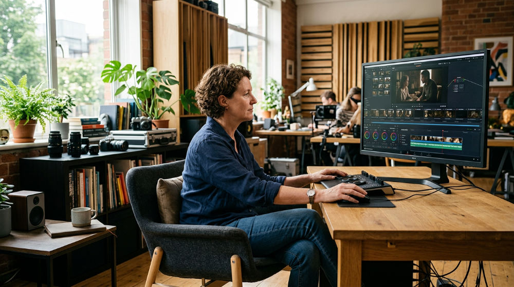 Creative professional reviewing a project in a San Diego video production studio.