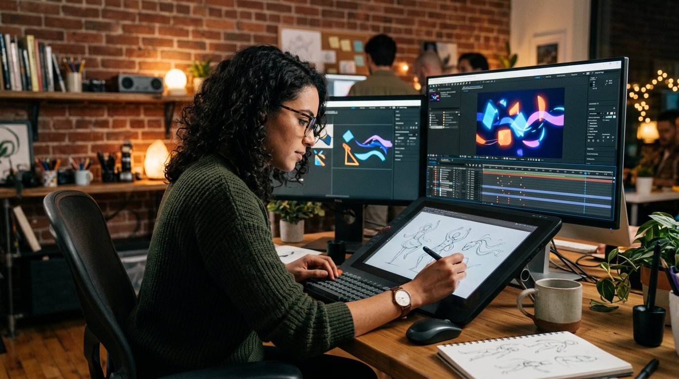 motion graphics company designer working at tablet with animation timeline Pretzel Logic Productions