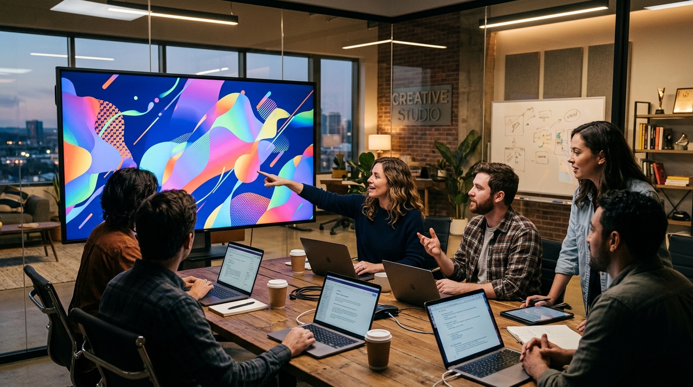 motion graphics company team reviewing animation on conference room screen Pretzel Logic Productions
