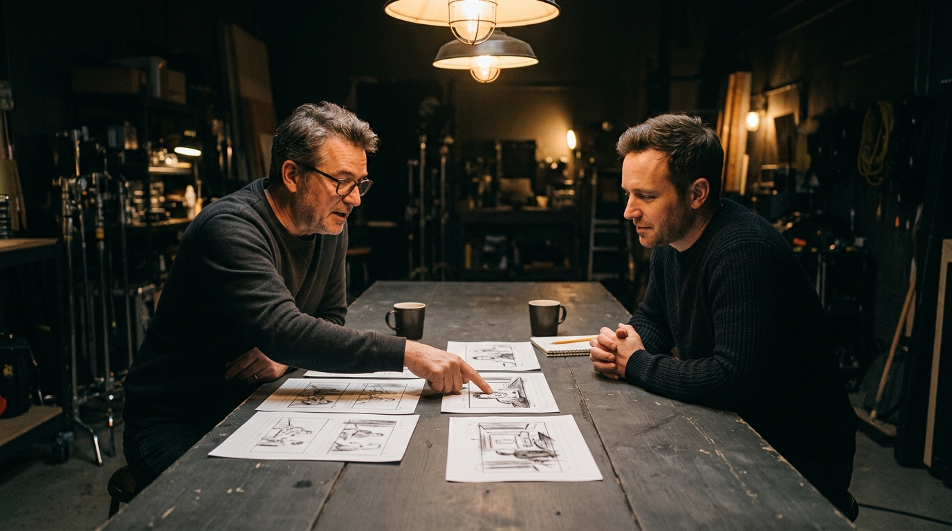 Director and client reviewing storyboards at a commercial video production company — Pretzel Logic Productions