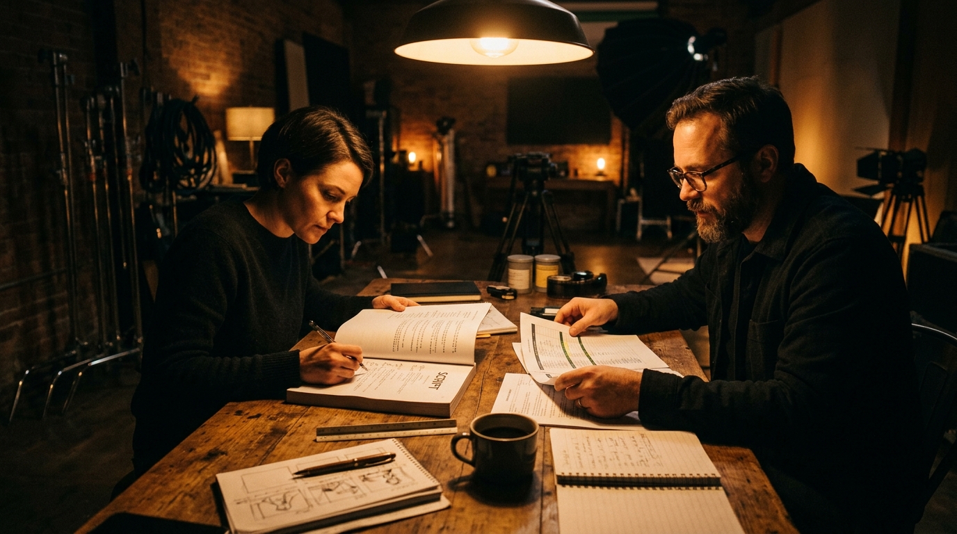 Script review session during pre-production planning video preparation - Pretzel Logic Productions