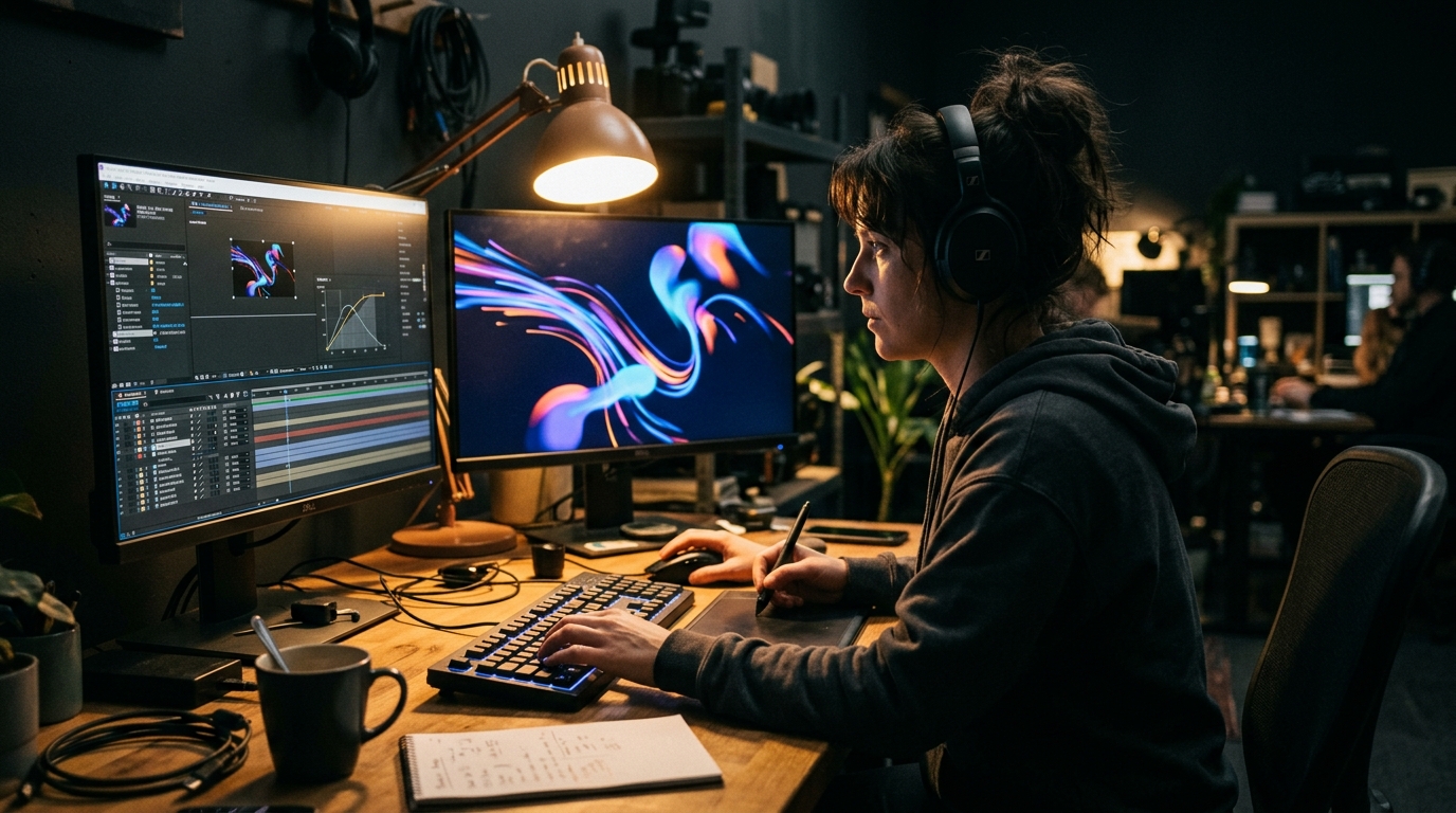 Motion graphics designer working at dual monitor workstation in creative studio Pretzel Logic Productions