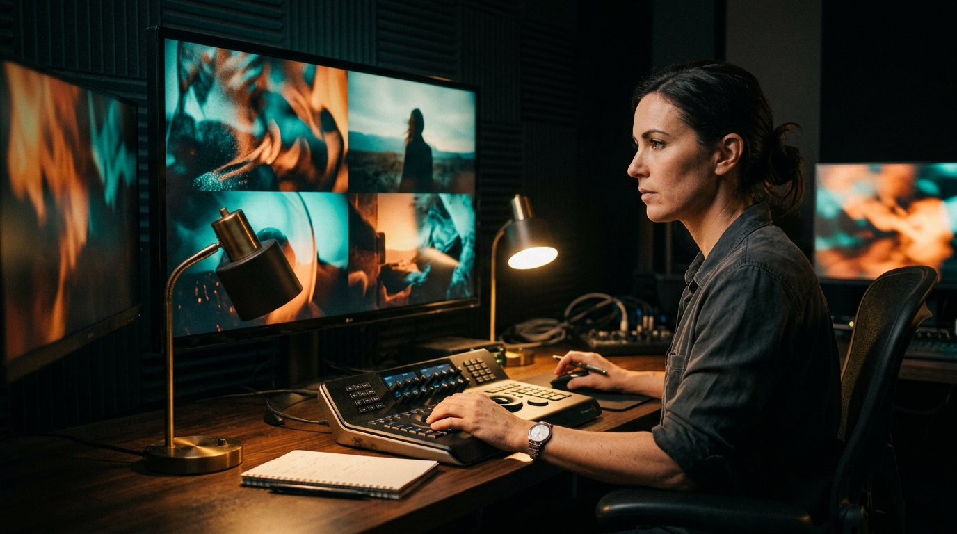 Video editor working on color-graded footage in a professional editing bay — commercial video production company Pretzel Logic Productions