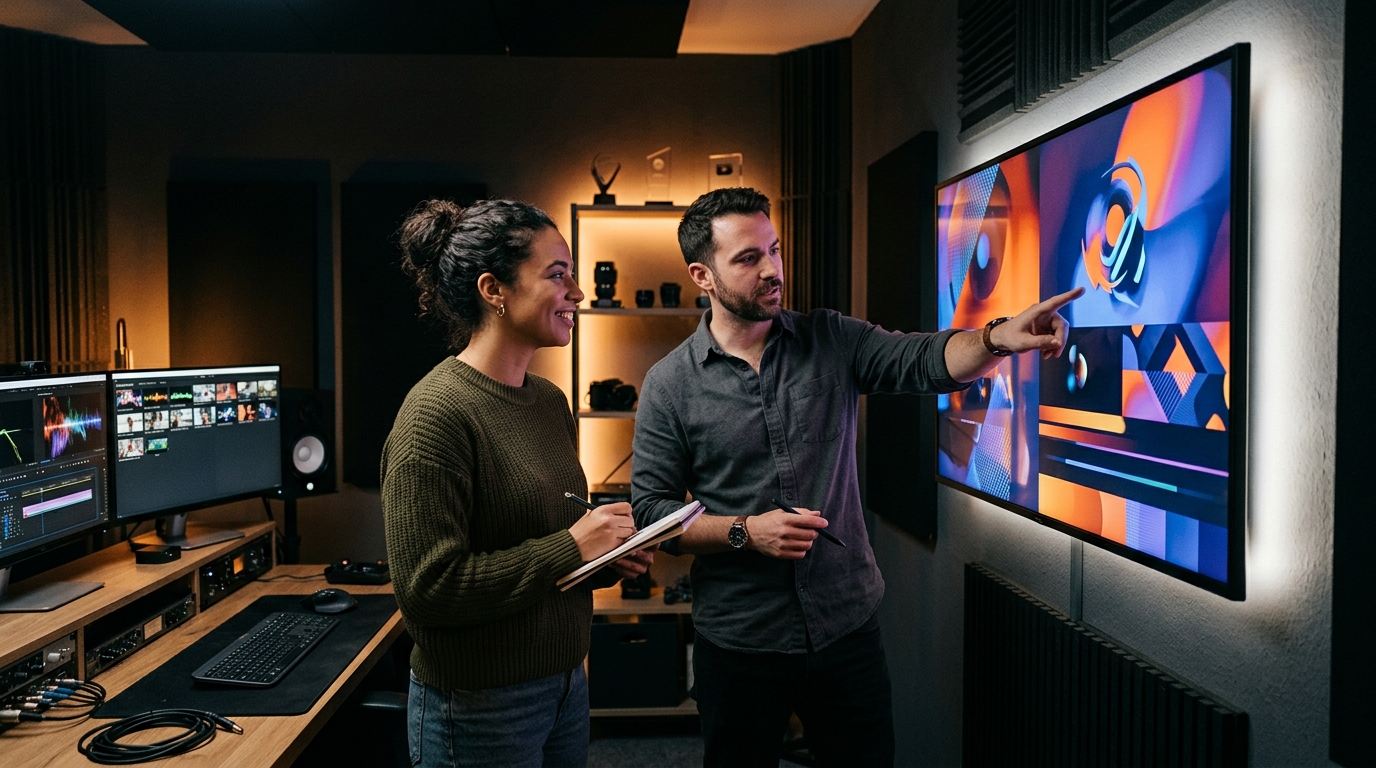 Creative team reviewing motion graphics animation on large display in post-production studio Pretzel Logic Productions