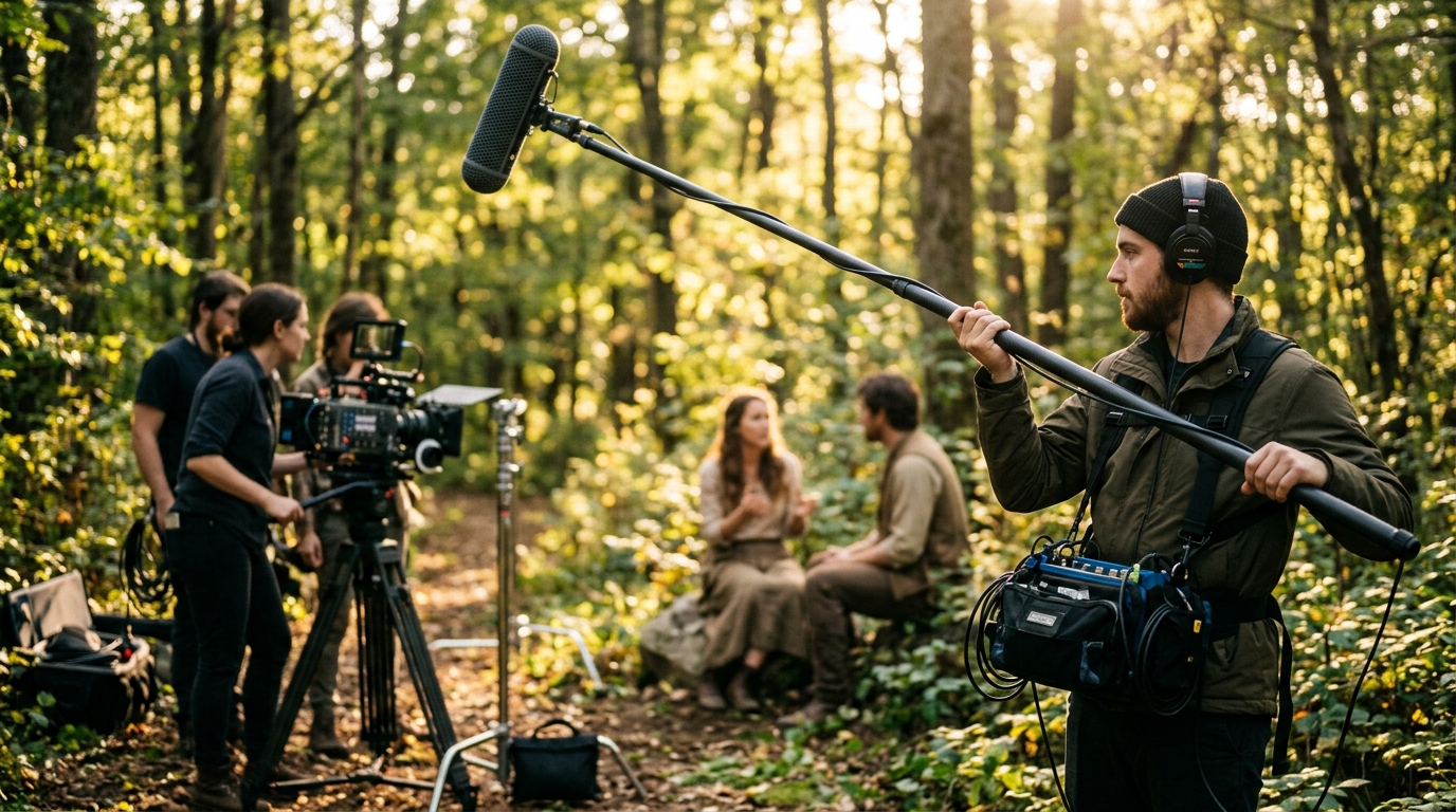 professional boom operator capturing production audio sound design Pretzel Logic Productions