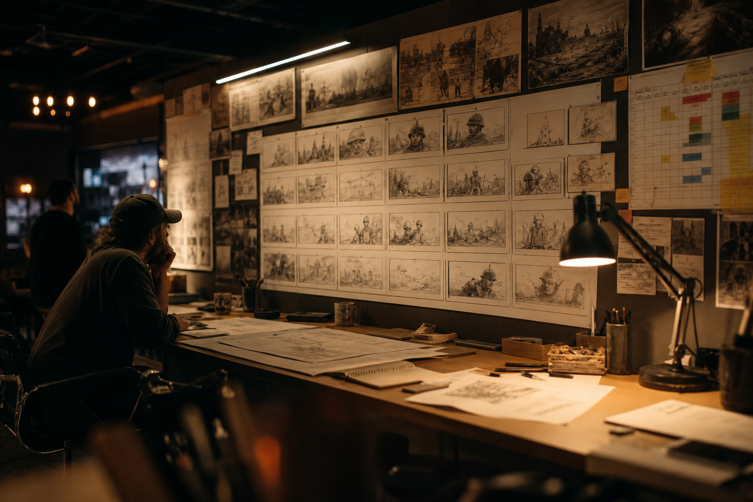 Pre-production planning video storyboard wall and production schedule at Pretzel Logic Productions