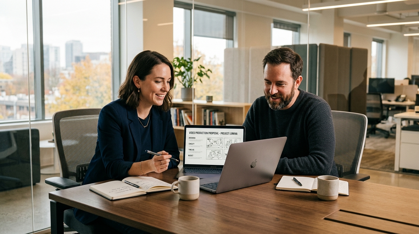 how to hire a video production company — marketing director reviewing video production proposal with creative director — Pretzel Logic Productions