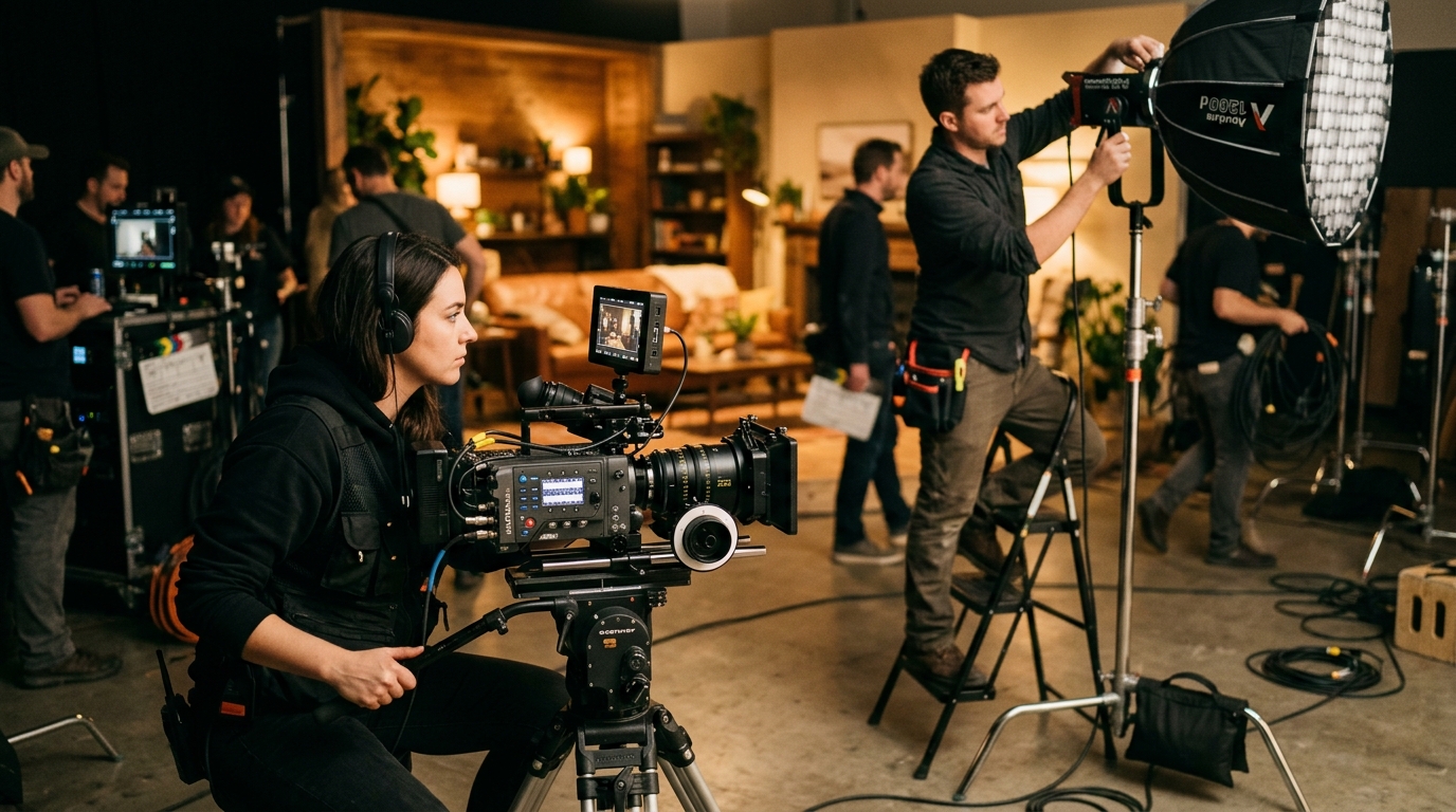 how to hire a video production company — professional camera operator and lighting crew on a commercial video shoot — Pretzel Logic Productions