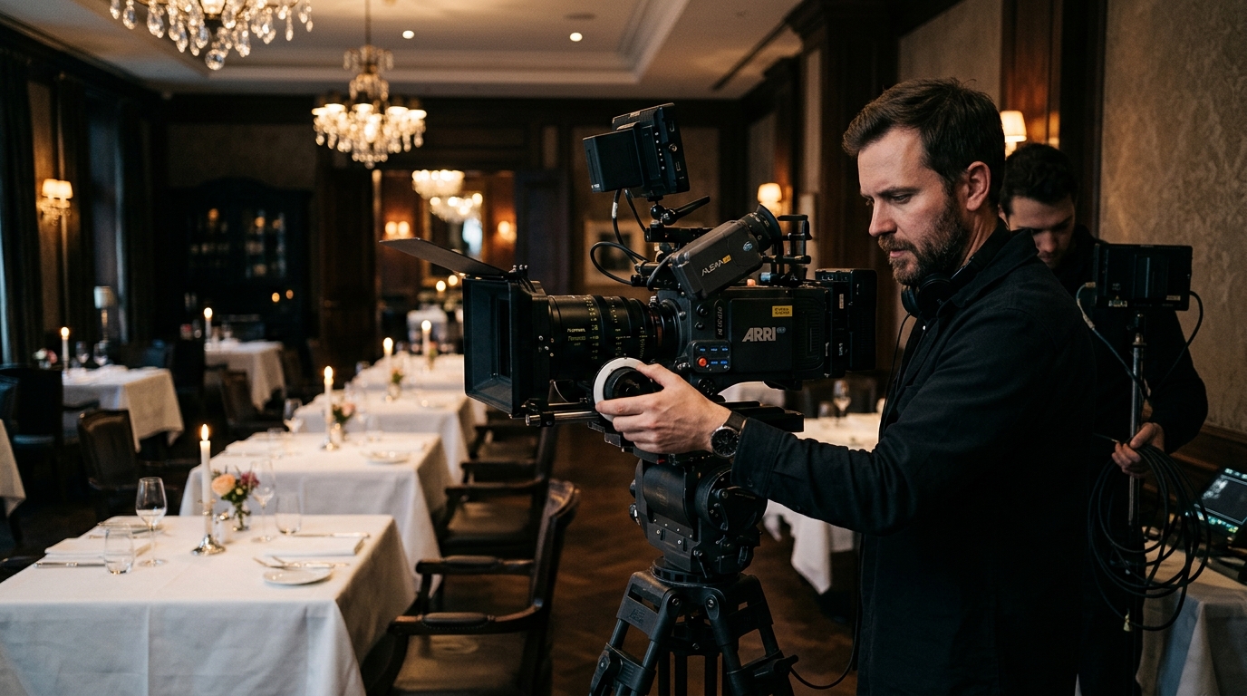 restaurant video production crew filming in an elegant dining room