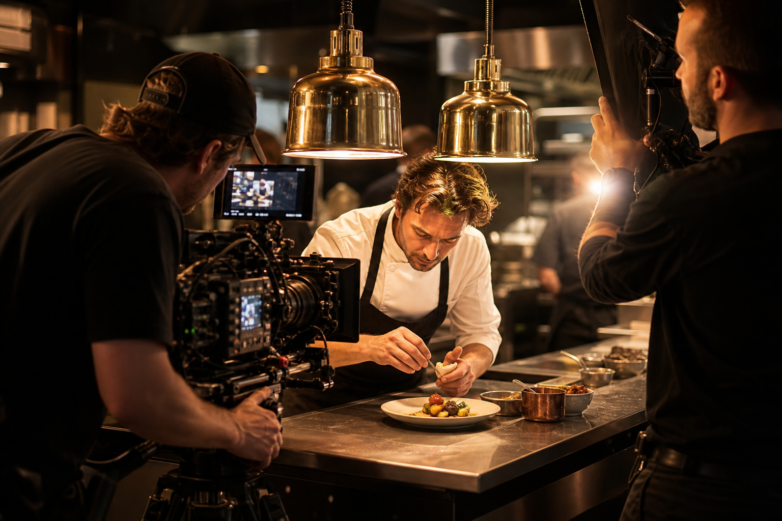 restaurant video production crew filming in upscale kitchen — Pretzel Logic Productions