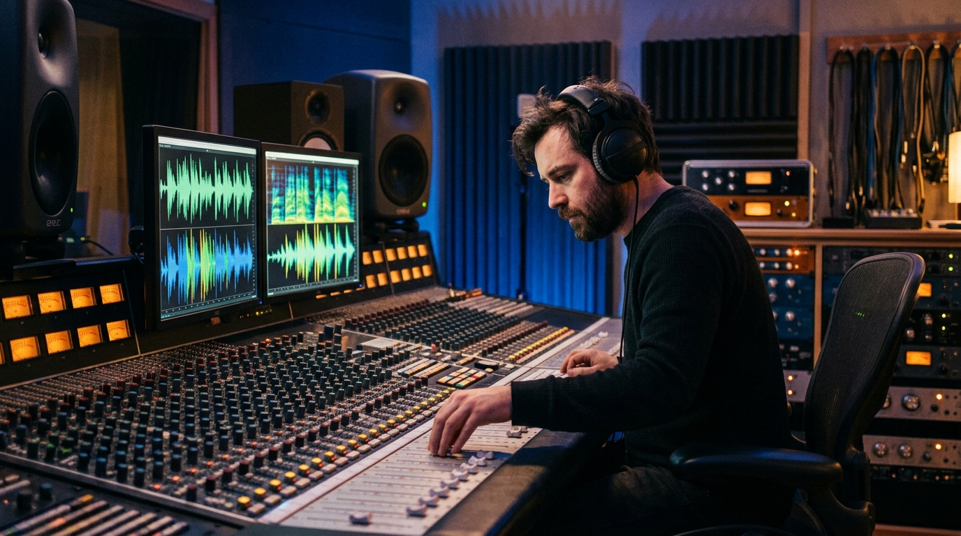 sound designer at mixing console sound design for video production Pretzel Logic Productions
