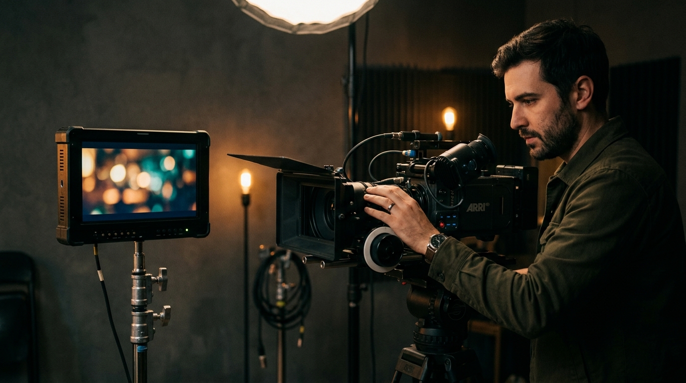 documentary interview setup filmmaker adjusting cinema camera in moody production environment Pretzel Logic Productions