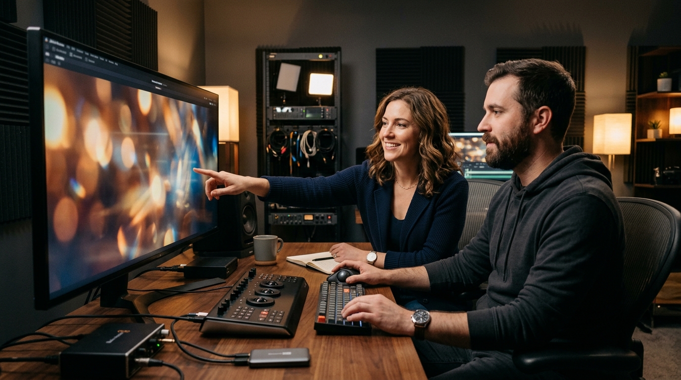 Commercial video production companies editing suite review session