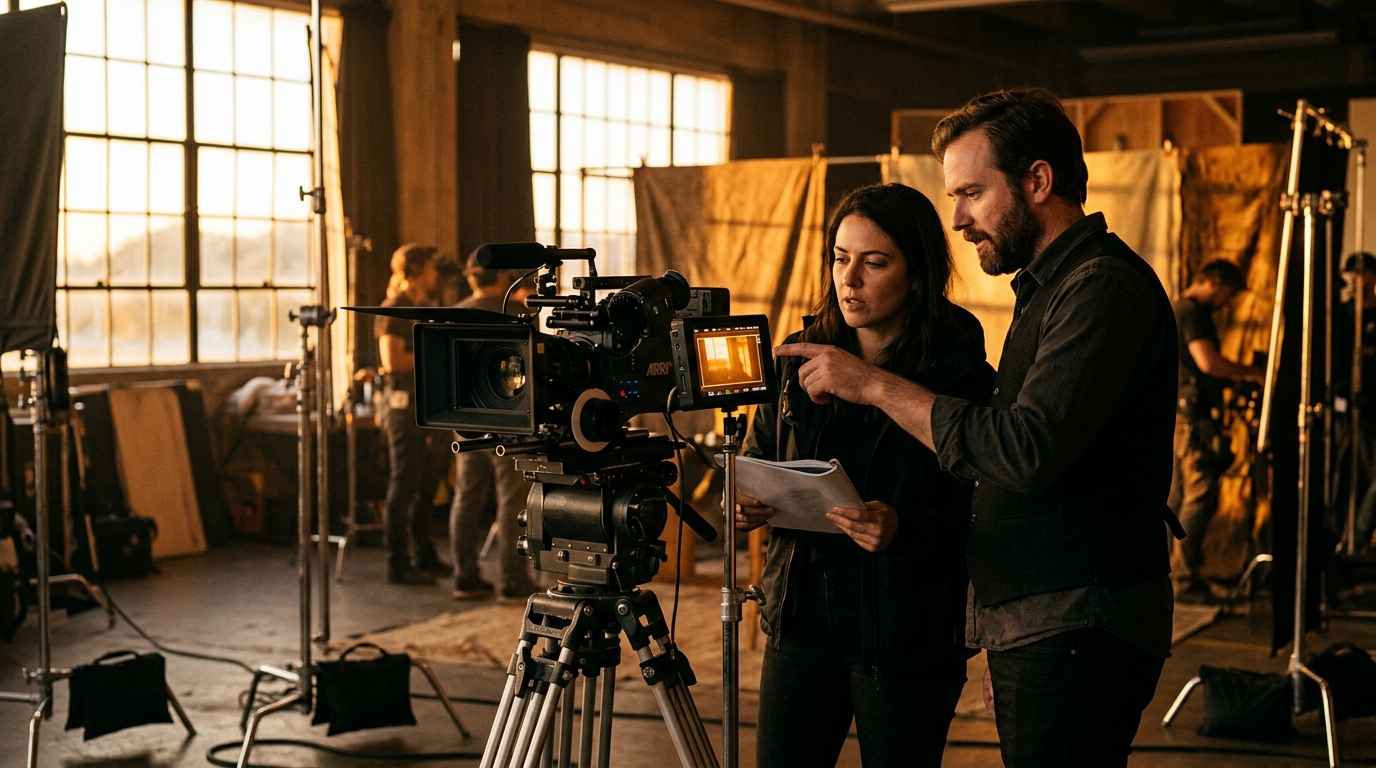 Director and cinematographer collaborating on professional film set by Pretzel Logic Productions
