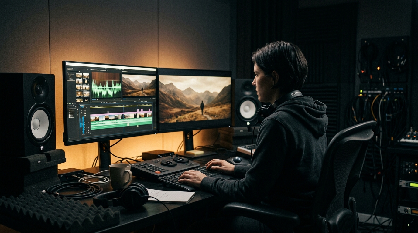 documentary editor working in dark post-production suite dual monitors Pretzel Logic Productions