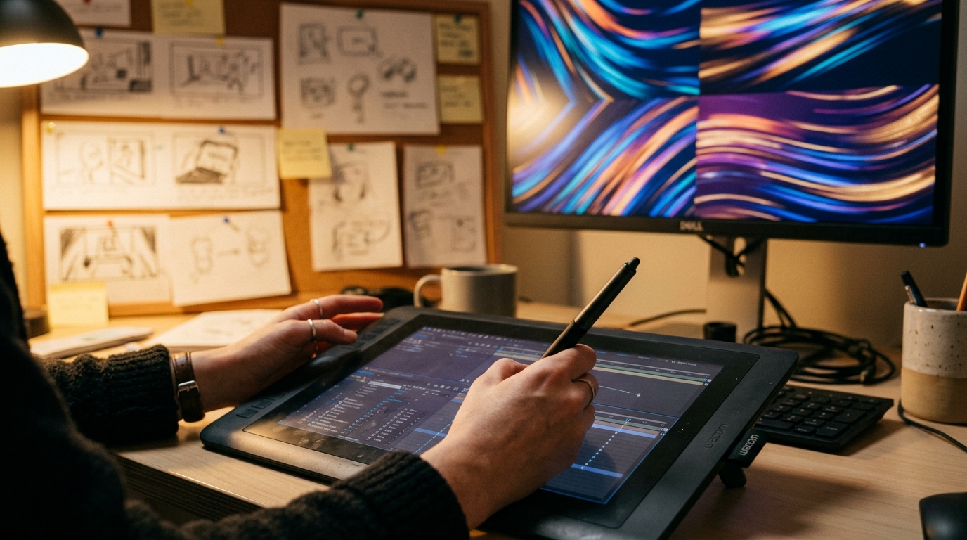 Designer creating motion design agency keyframes on a graphics tablet — Pretzel Logic Productions