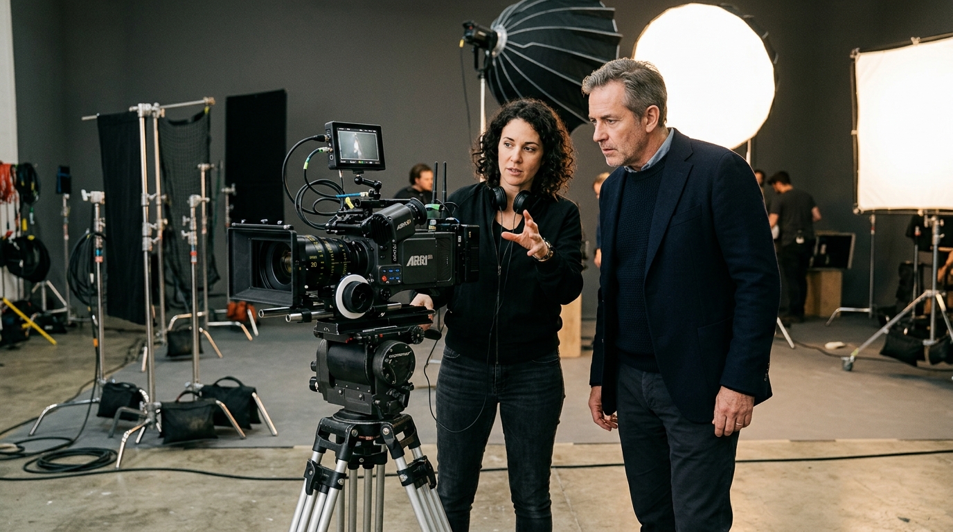commercial video production companies director discussing with client on set