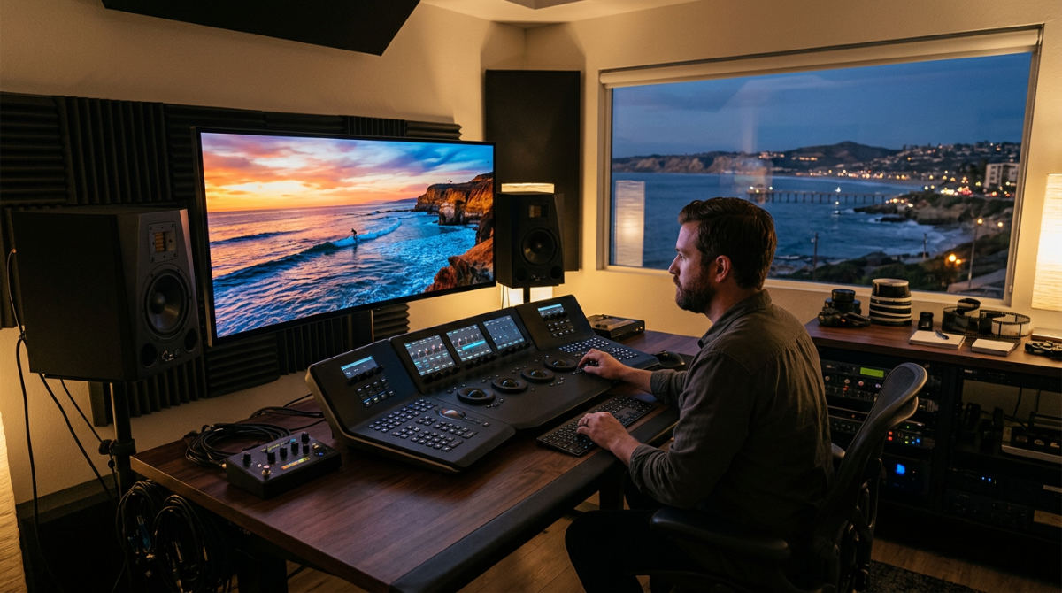 A professional video editing suite showing high-end monitors and equipment used for post production services in San Diego.