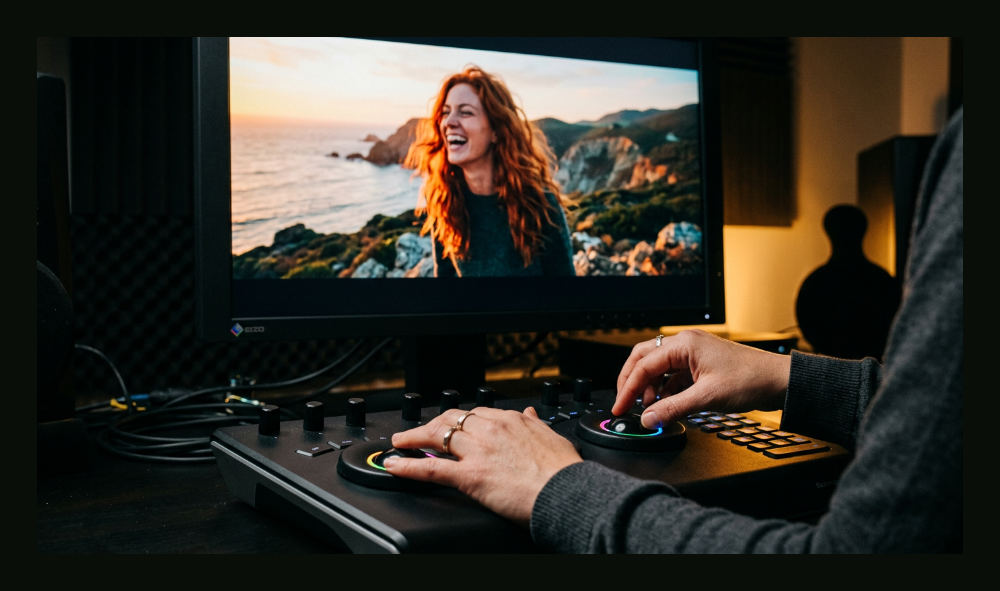 A colorist in a dark studio adjusts the hues of a commercial shot on a large monitor.