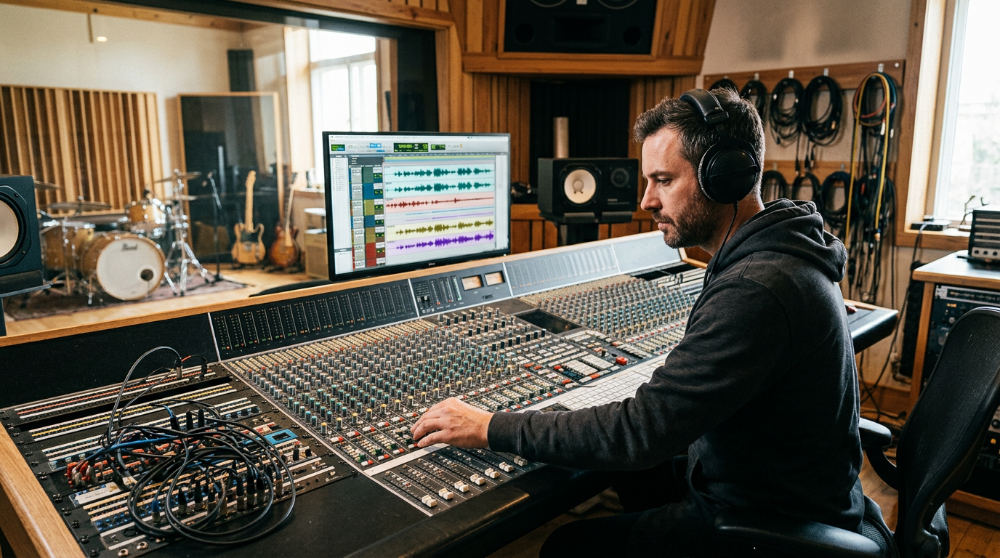 A professional audio engineer uses a mixing console to balance dialogue and sound effects.
