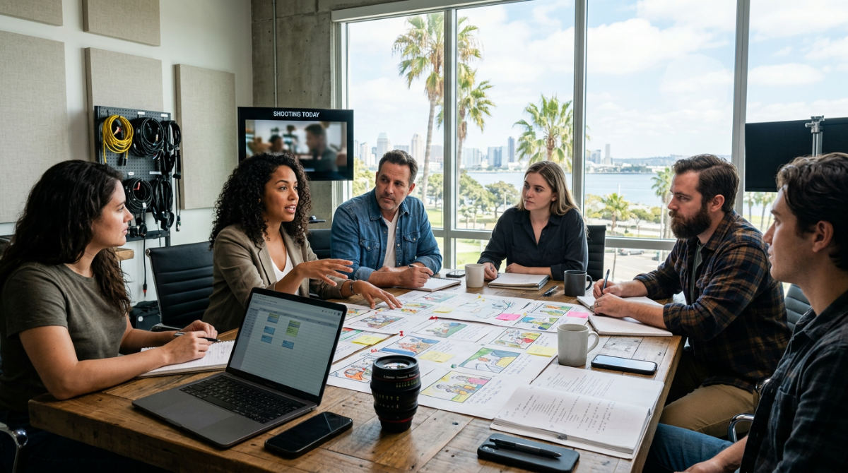 Professional film crew collaborating on pre production planning film storyboards in a sunny San Diego office setting.