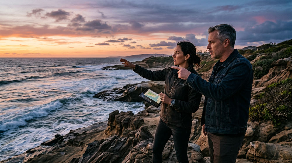 A film team conducting location scouting along the San Diego coast for a commercial production.