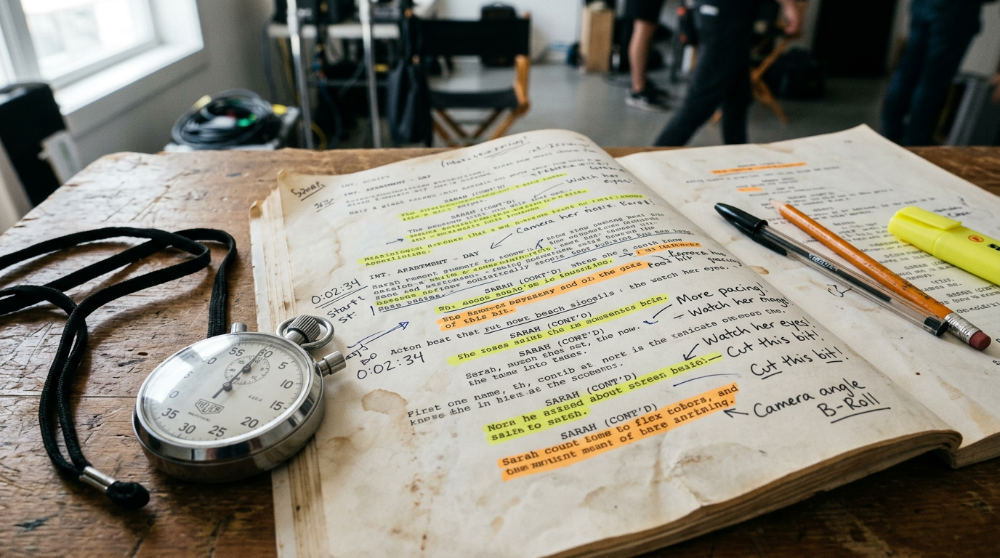 A detailed script breakdown showing the logistical annotations required for a successful film production.