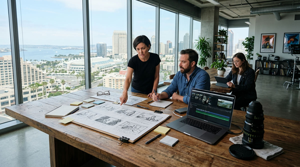 Professional pre production planning setup for a video project in a modern San Diego office.