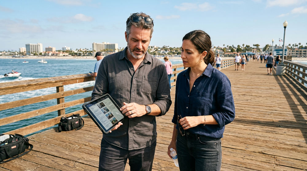 Film crew conducting a technical location scout in San Diego for a video production.