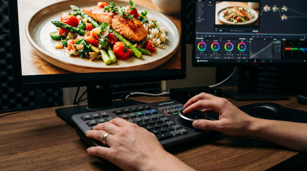 A professional editor using software for post production color grading tools to enhance the visual appeal of restaurant marketing footage.
