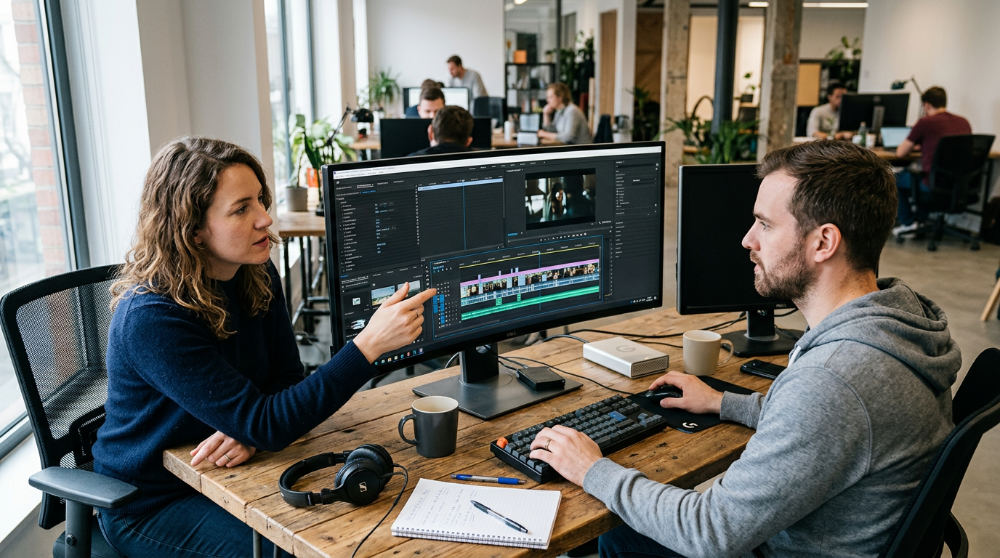 Two creative professionals collaborating on a video project using Avid NEXIS for shared storage and bin locking.