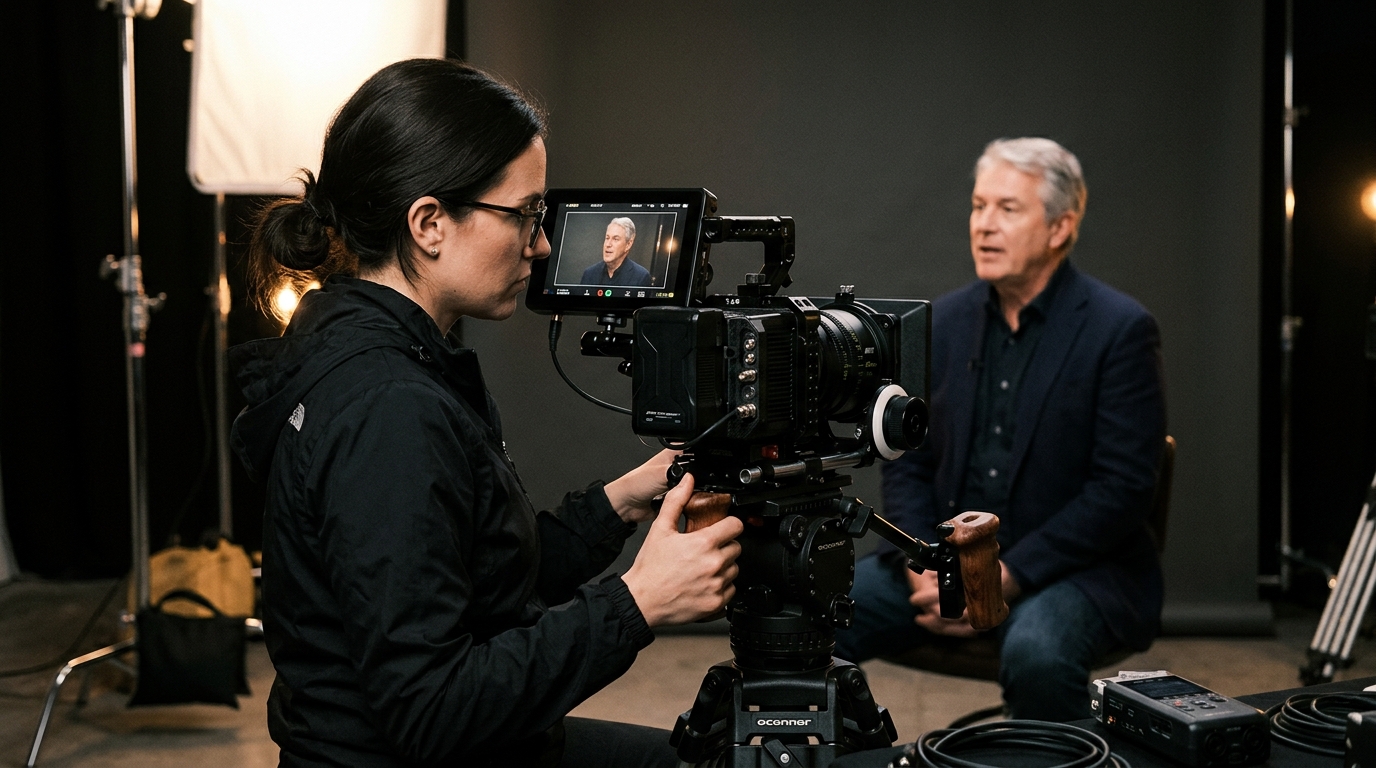testimonial video production camera operator framing interview Pretzel Logic Productions