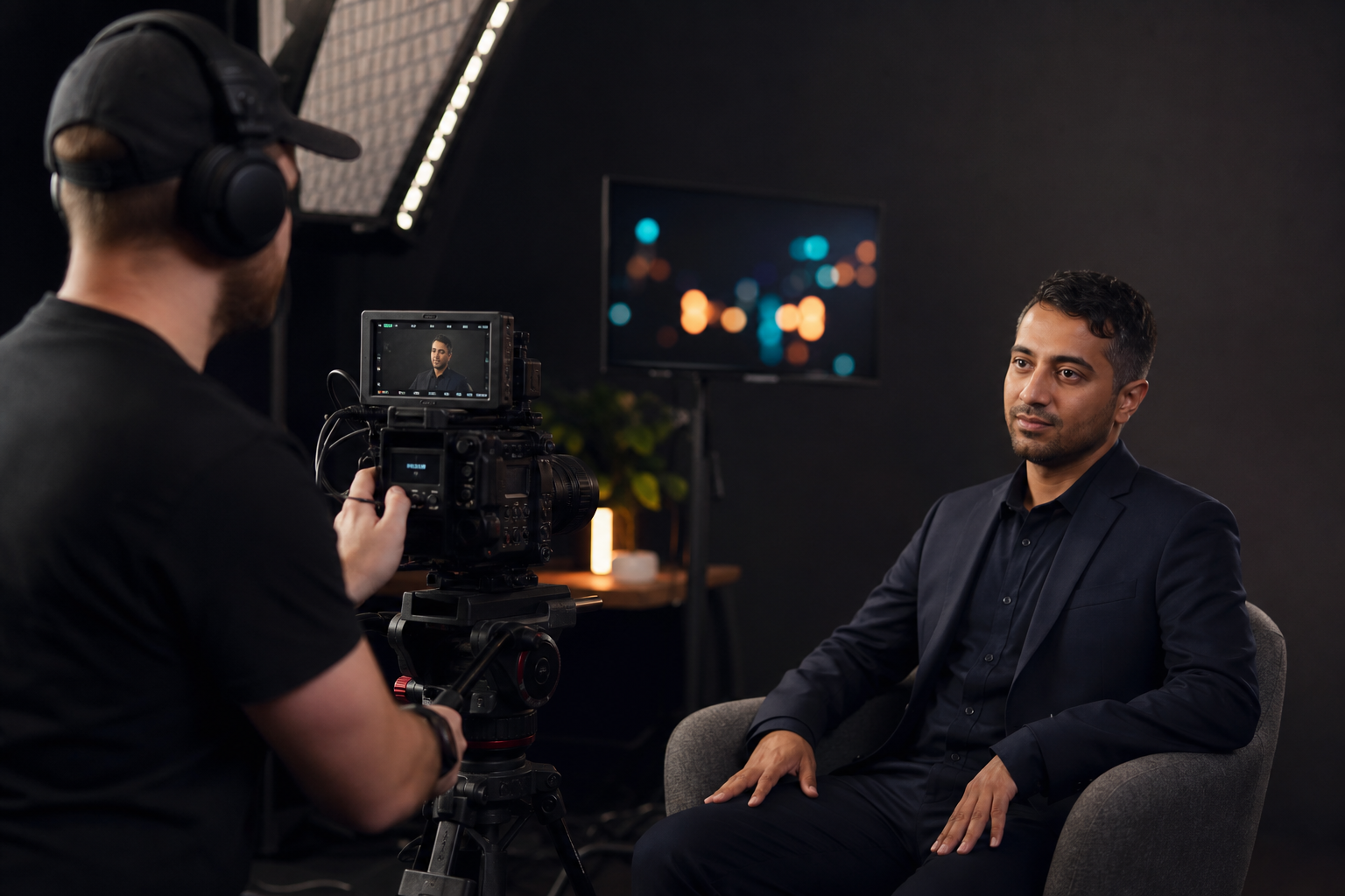 testimonial video production professional studio setup with camera crew Pretzel Logic Productions