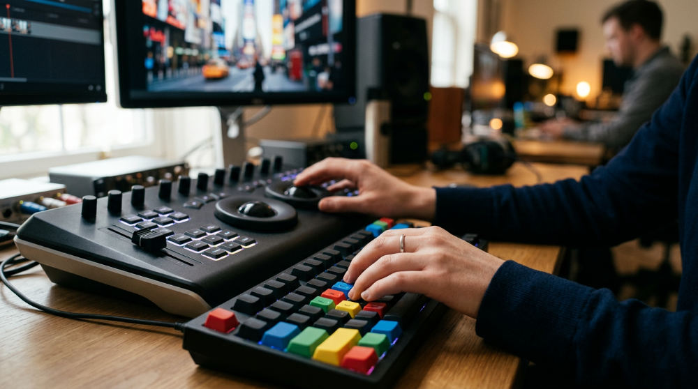 Close-up of keyboard shortcuts being used for efficient video editing.