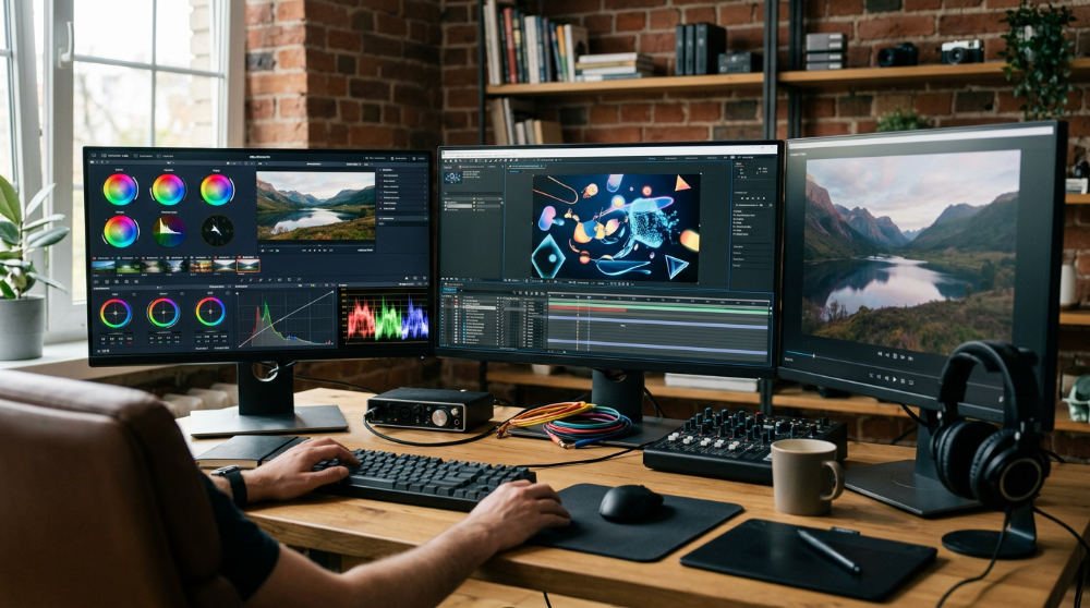 Multi-monitor setup for advanced video post-production and motion graphics.
