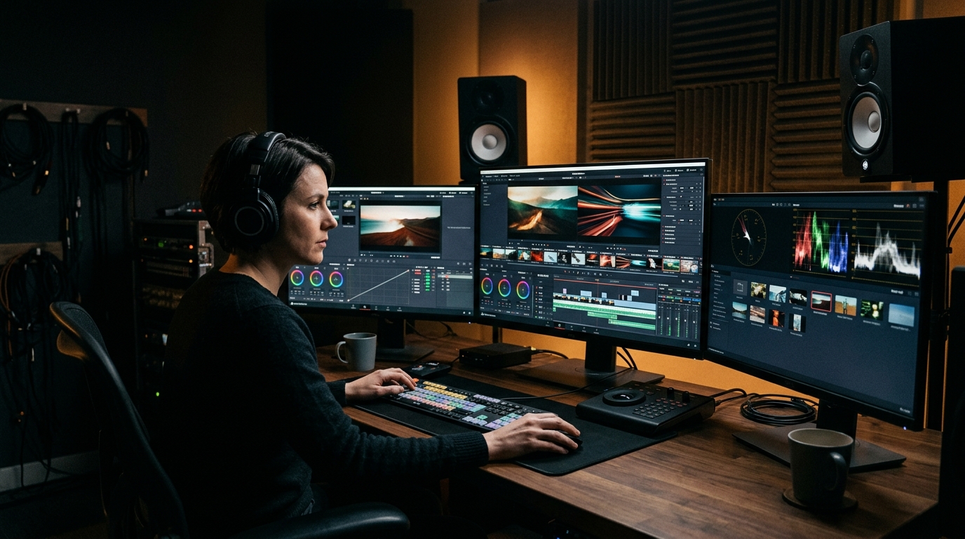 Video editor working in post-production suite San Diego film production company Pretzel Logic