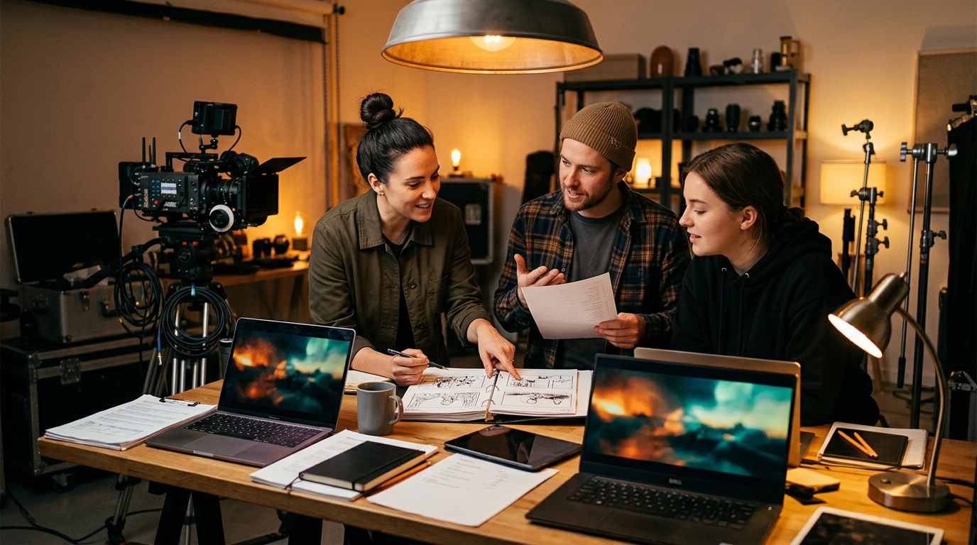Film production crew reviewing storyboards San Diego film production company Pretzel Logic